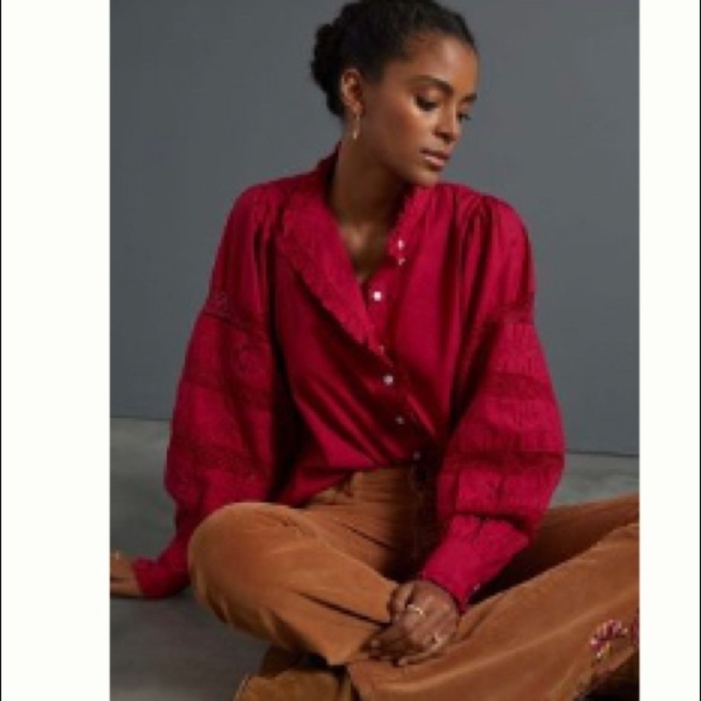 Anthropologie Deep Raspberry Button-Front Peasant Blouse
